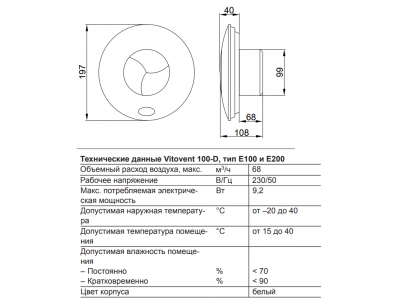 VIESSMANN Vitovent 100-D, тип E200 A68 вытяжной вентилятор, макс. объемный расход 68 м3/ч с модулем влажности с управлением выбегом (ZK02705)